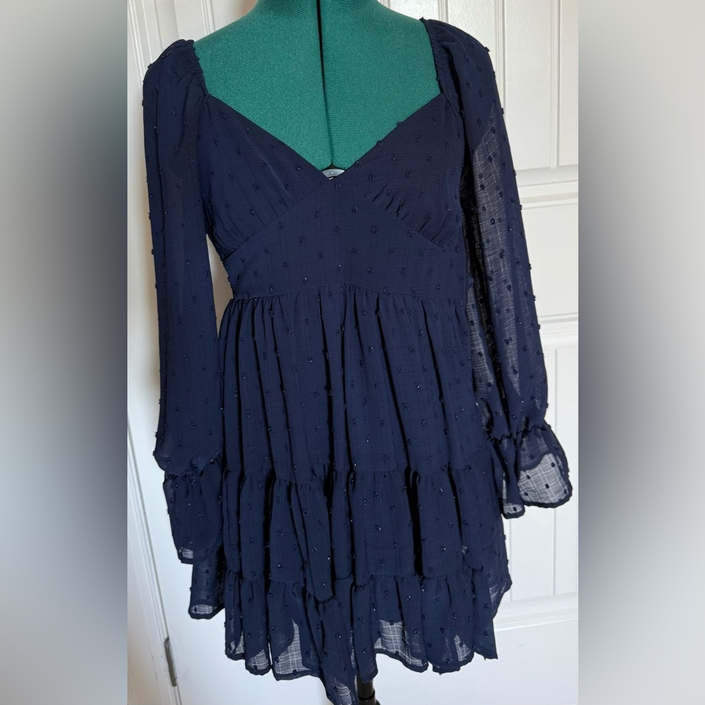 Altar'd State Navy Long Sleeve Tiered Mini Dress